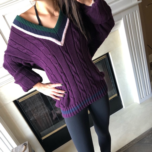 90s VTG purple cable knit cotton v neck sweater - Picture 4 of 5